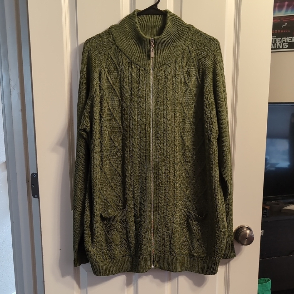 Green Cable Knit Zip-Up Sweater